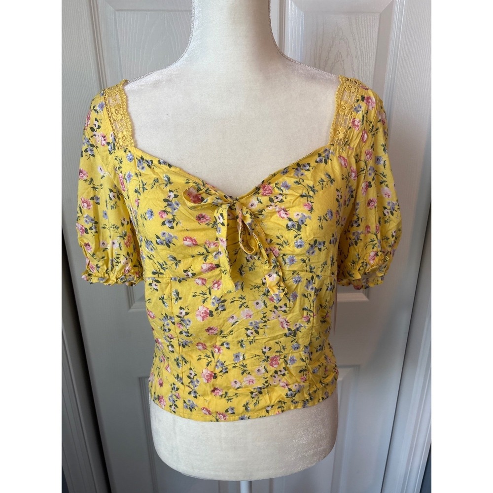 Crave Fame Yellow Floral Puff Sleeve Smocked Back Sweetheart Tie Front Top Large